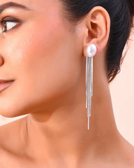 Silver-Plated Handcrafted Pearl Studded Classic Drop Earrings-VOJ379