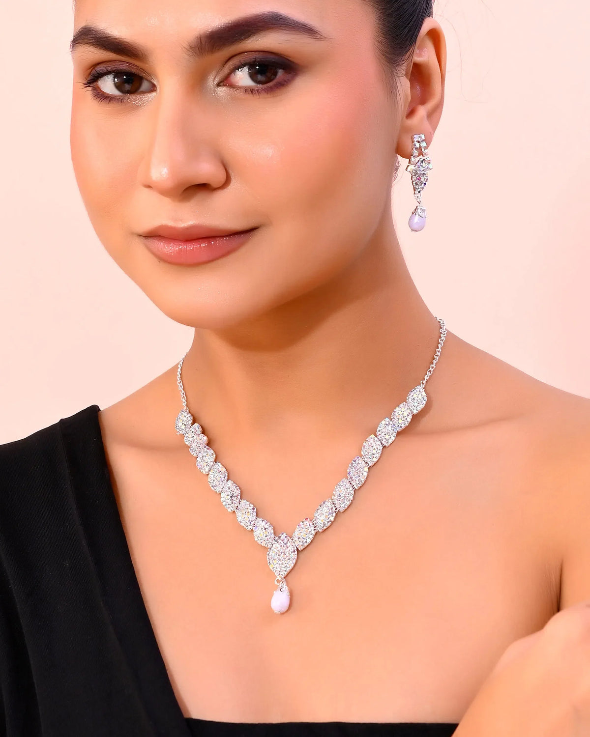 Silver Plated CZ-Stone Studded With Pearl Jewellery Set-VOJ388