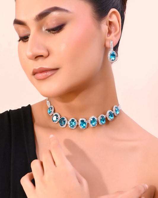 Silver Plated AD-Stone Studded With Blue Stone Choker Set-VOJ391 2000