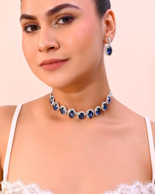 Silver Plated AD-Stone Studded With Dark Blue Stone Choker Set-VOJ392 2000