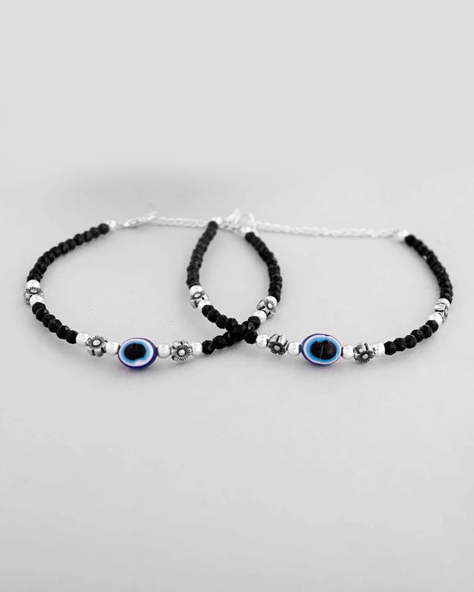 Set Of 2 Evil Eye Black with Flower Shaped Beads Anklet-VOJ411 2000