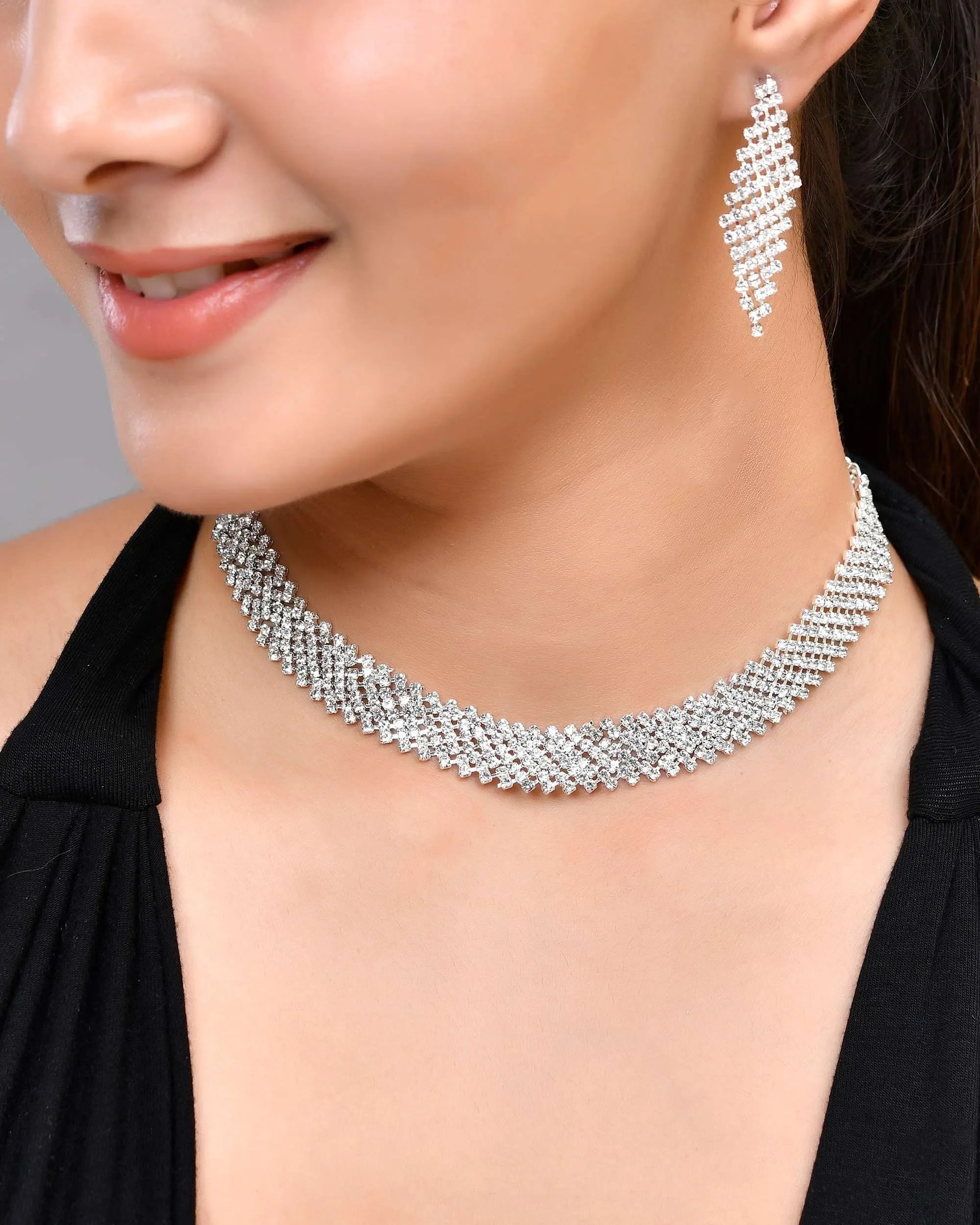 Silver AD Choker & Earring Set - Trendy Artificial Jewelry