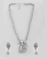 Silver Plated Oxidized Kanha Shape Long Necklace with Earring Set-VOJ441
