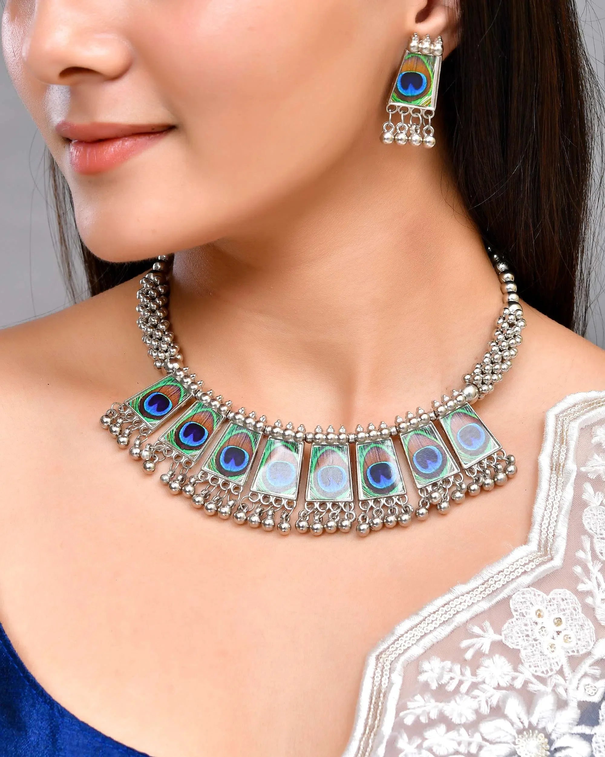 Peacock Hasli Earring Set | Silver Oxidized Indian Jewelry