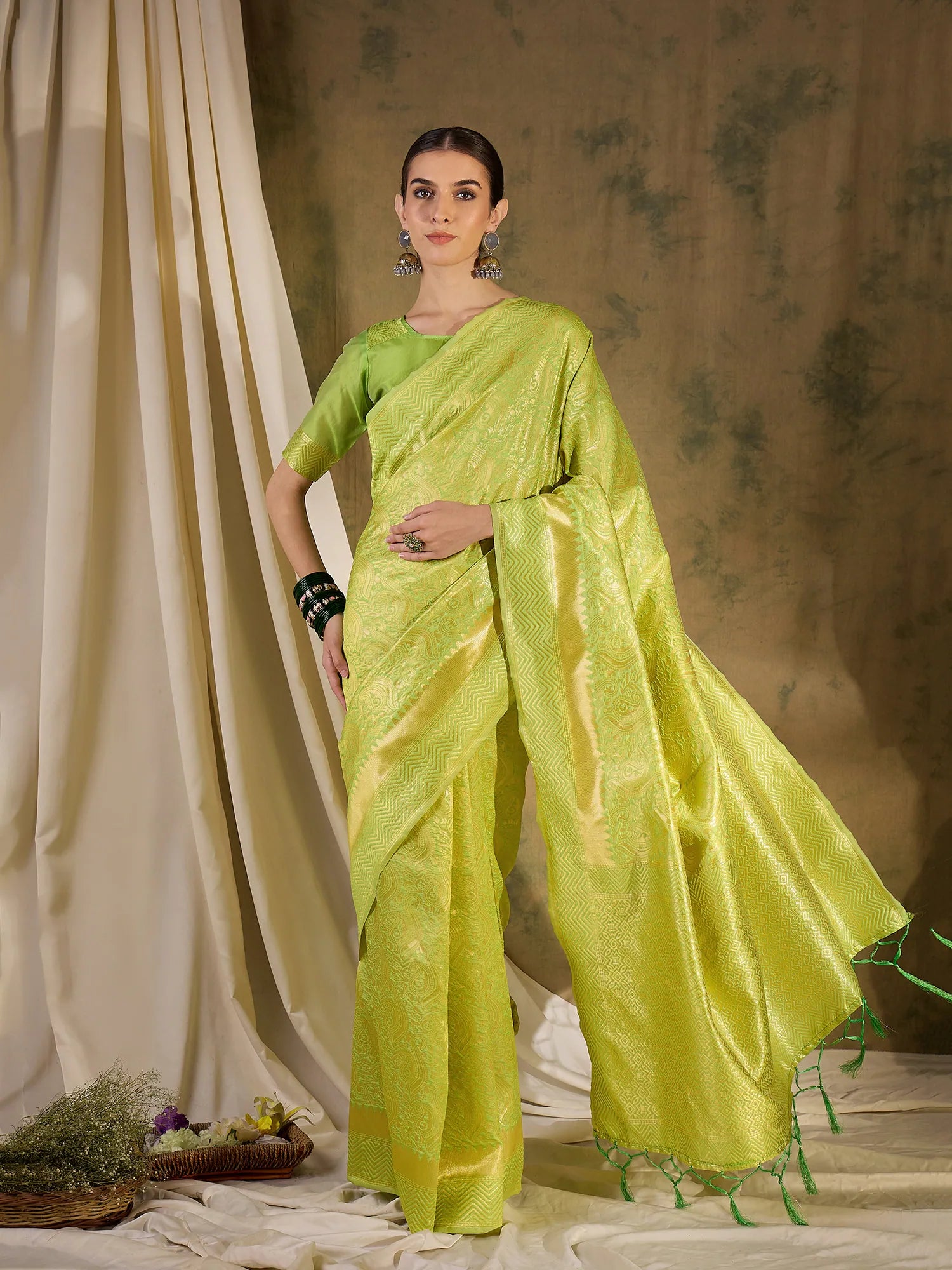 Pista Green Indian Sari - Woven Polyester Saree