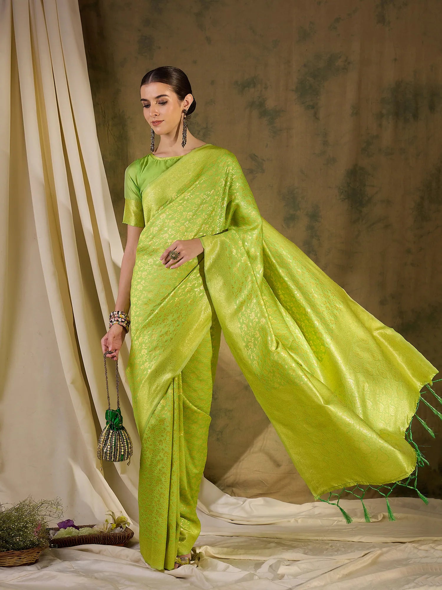 Pista Green Polyester Saree - Indian Wedding Sarees