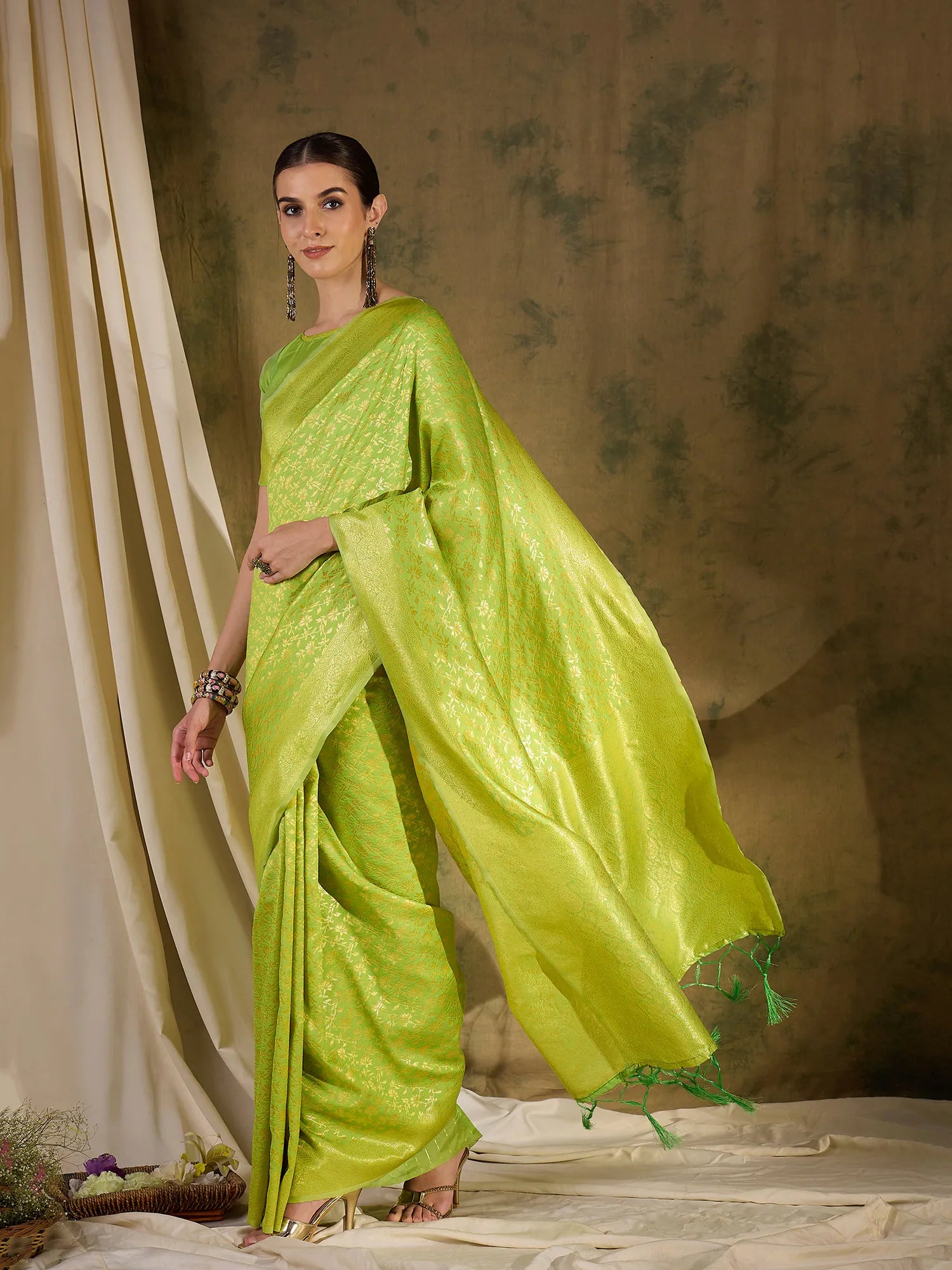 Pista Green Polyester Saree - Indian Wedding Sarees