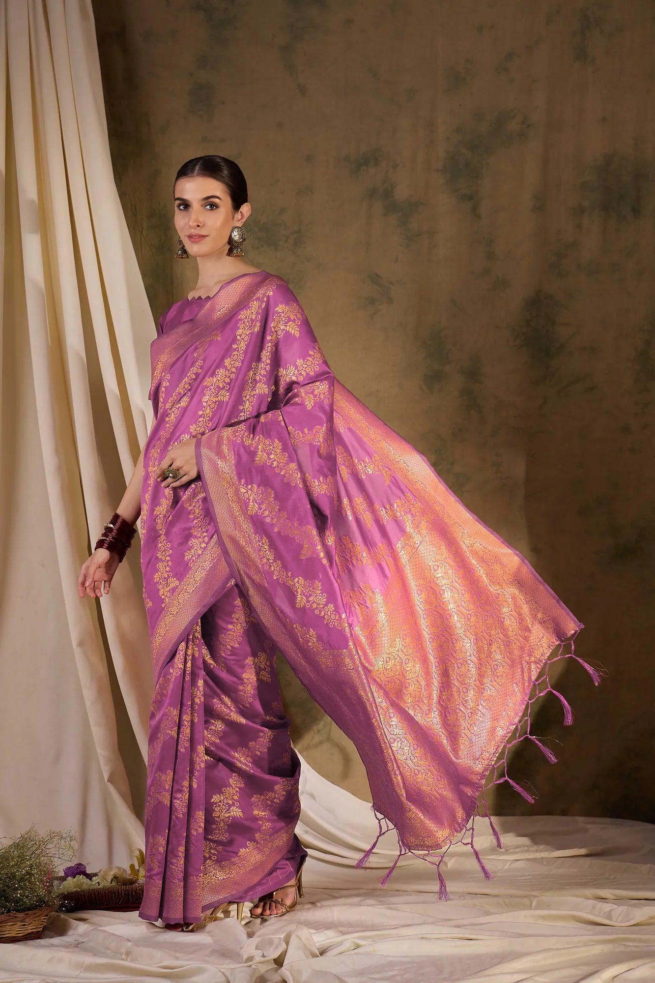 Pink Polyester Saree | Banarasi Weave | Indian Sari