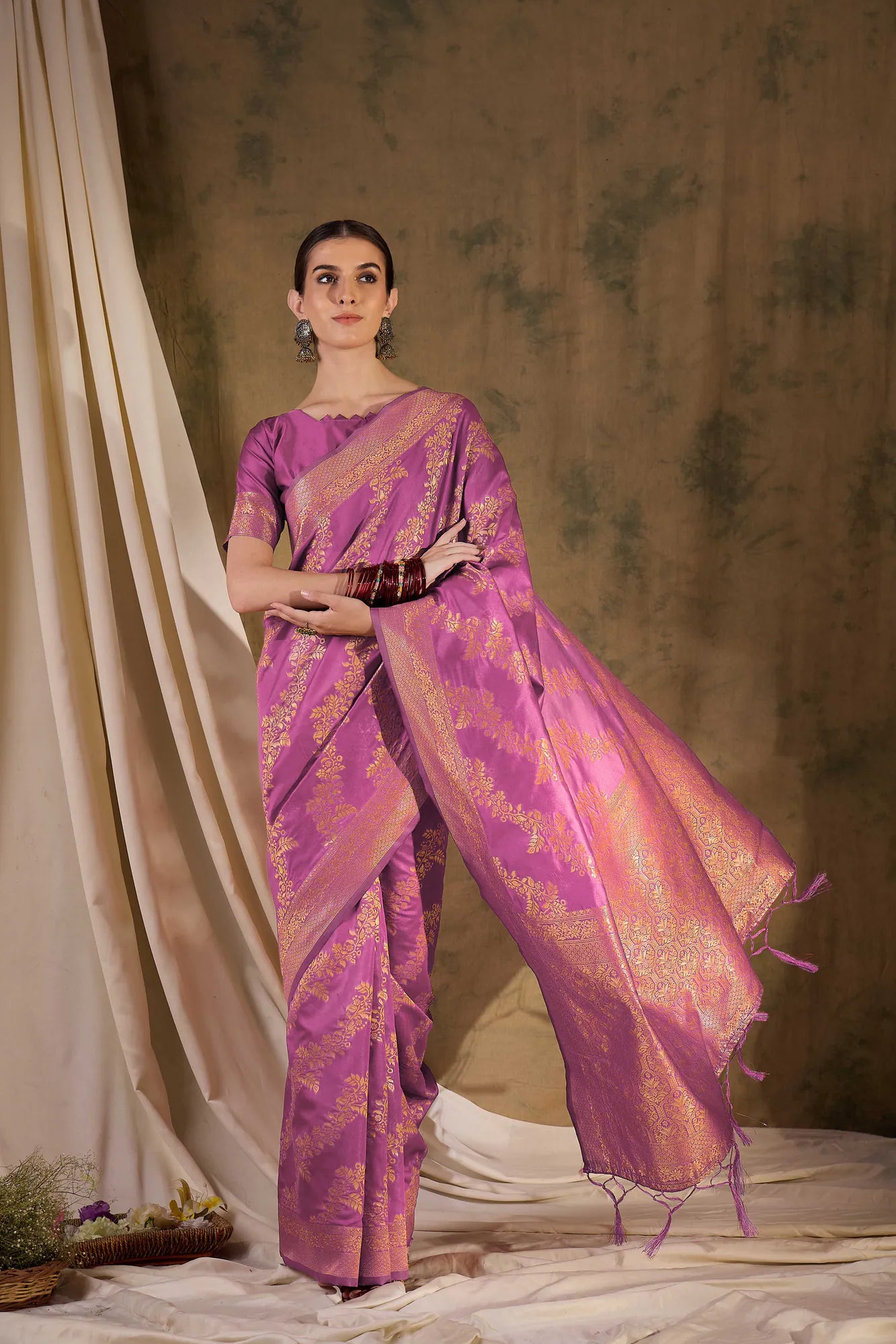 Pink Polyester Saree | Banarasi Weave | Indian Sari