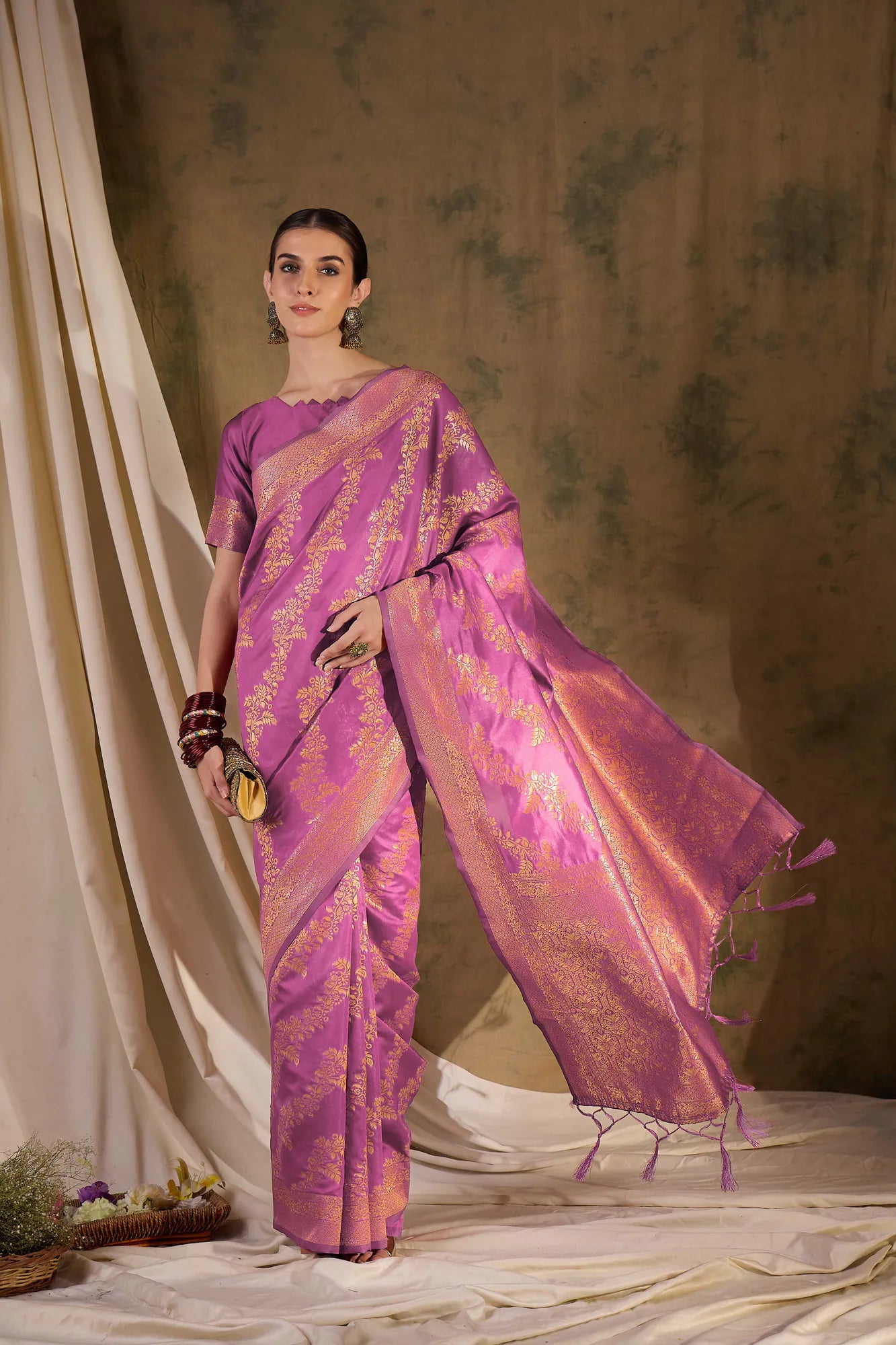Pink Polyester Saree | Banarasi Weave | Indian Sari