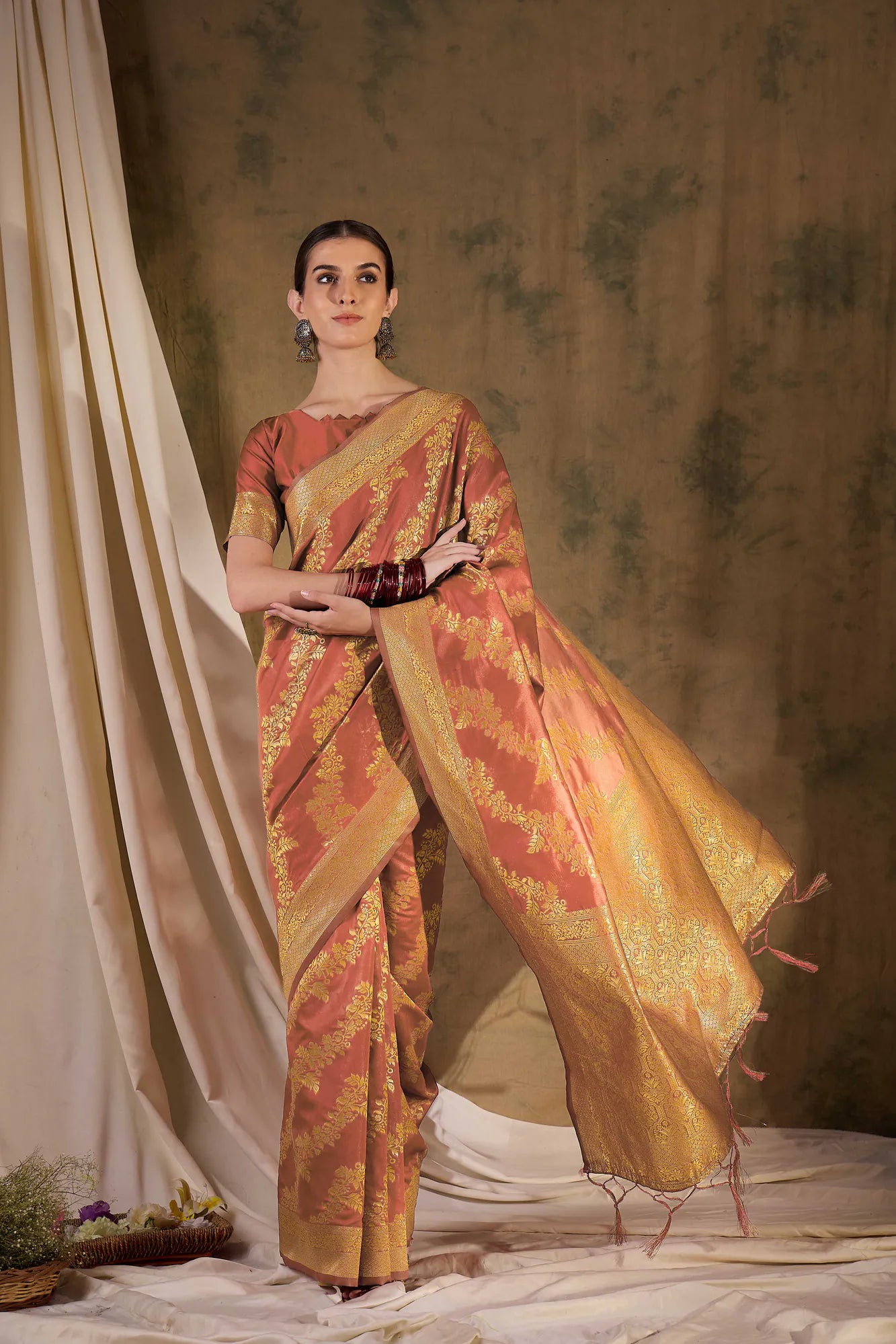 Peach Polyester Saree | Indian Wedding Sarees