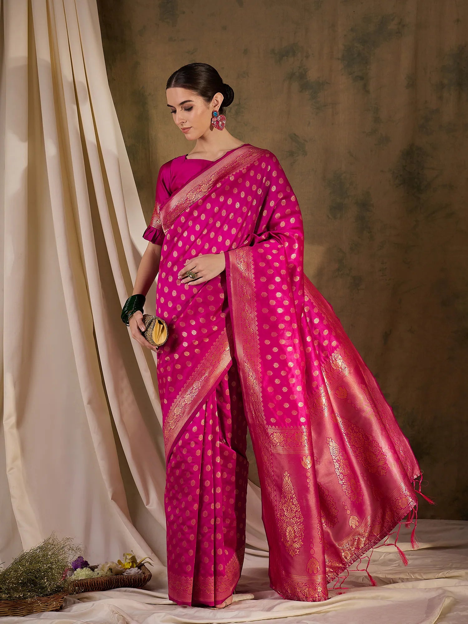 Pink Woven Design Indian Sari - Polyester Saree