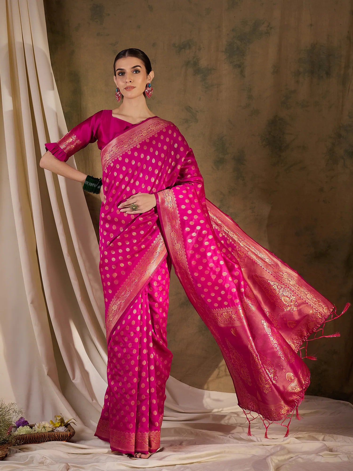 Pink Woven Design Indian Sari - Polyester Saree