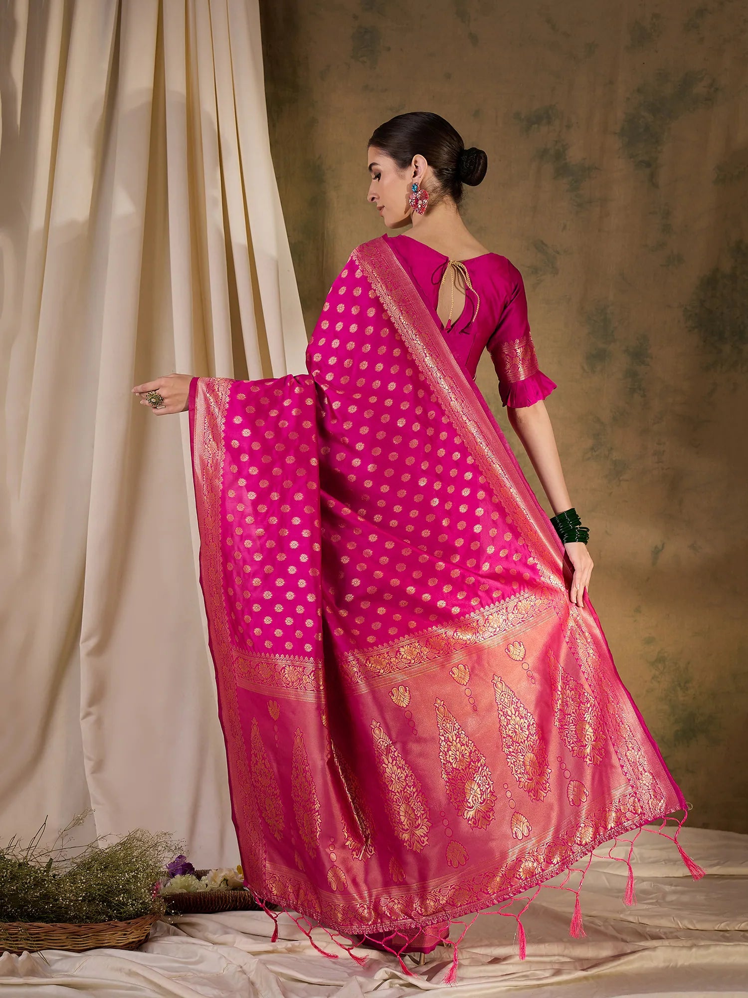 Pink Woven Design Indian Sari - Polyester Saree