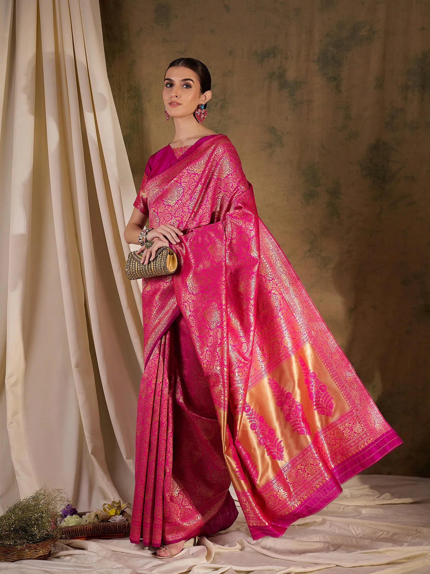 Pink Woven Polyester Indian Sari - Elegant Ethnic Saree