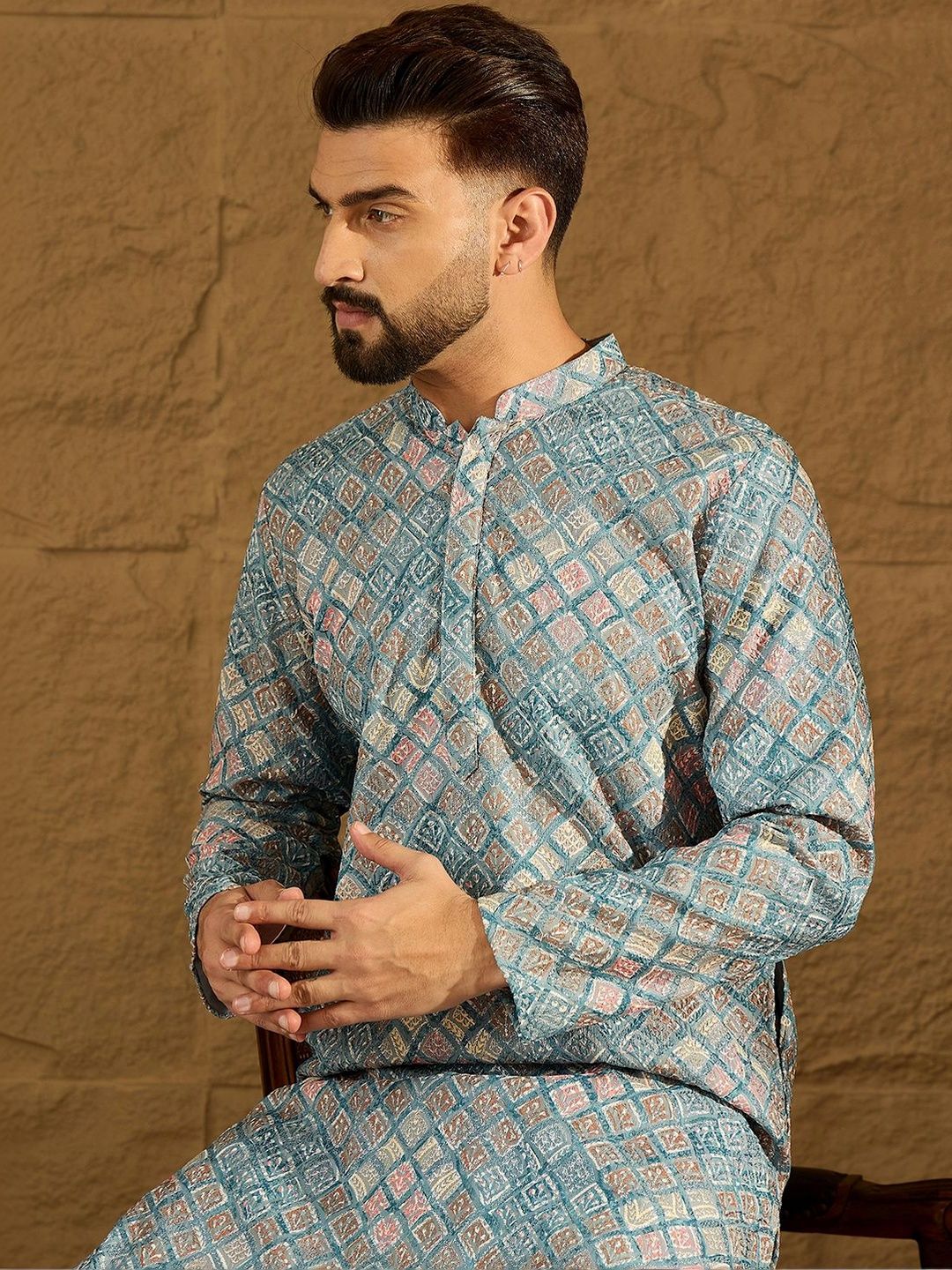 Ethnic Bay Men Blue Viscose Rayon Solid Embroidered Straight Kurta With Pant Set-MKSET1391
