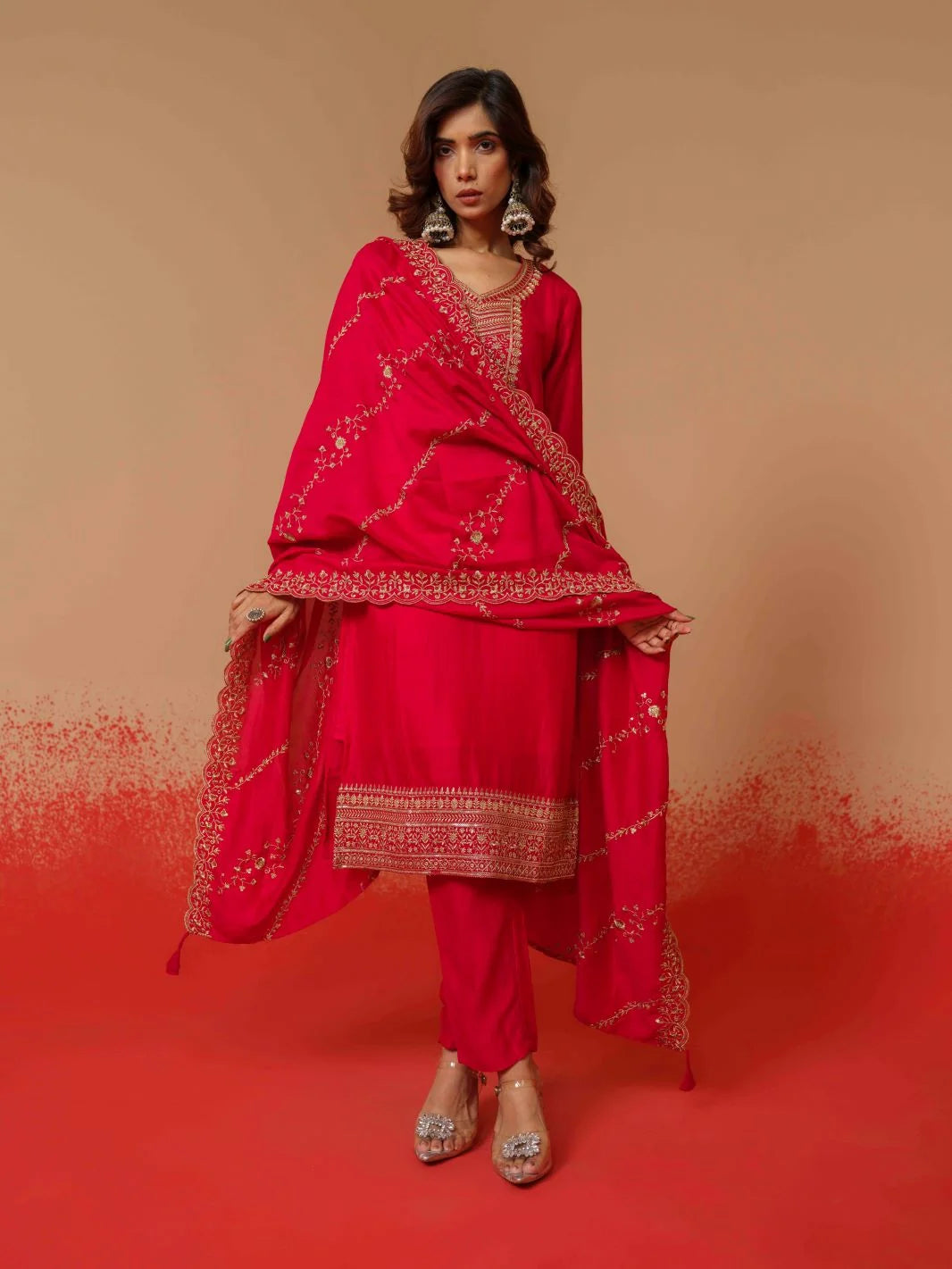 Art Silk Fabric Rani Colour Top Bottom Dupatta Set