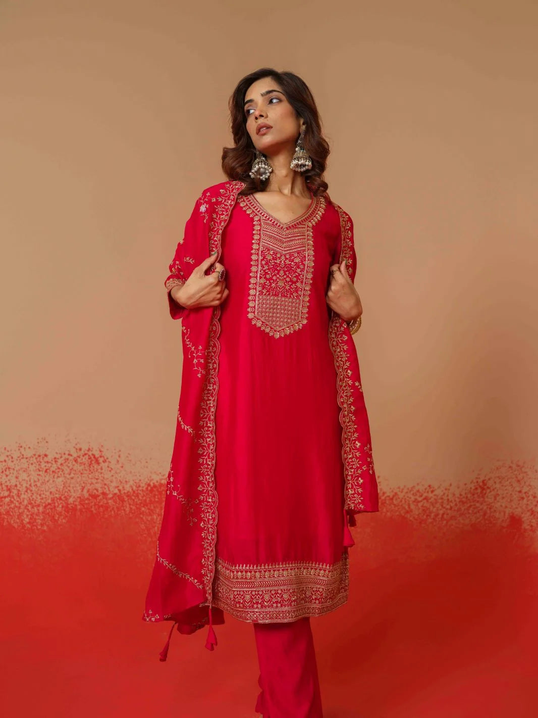 Art Silk Fabric Rani Colour Top Bottom Dupatta Set