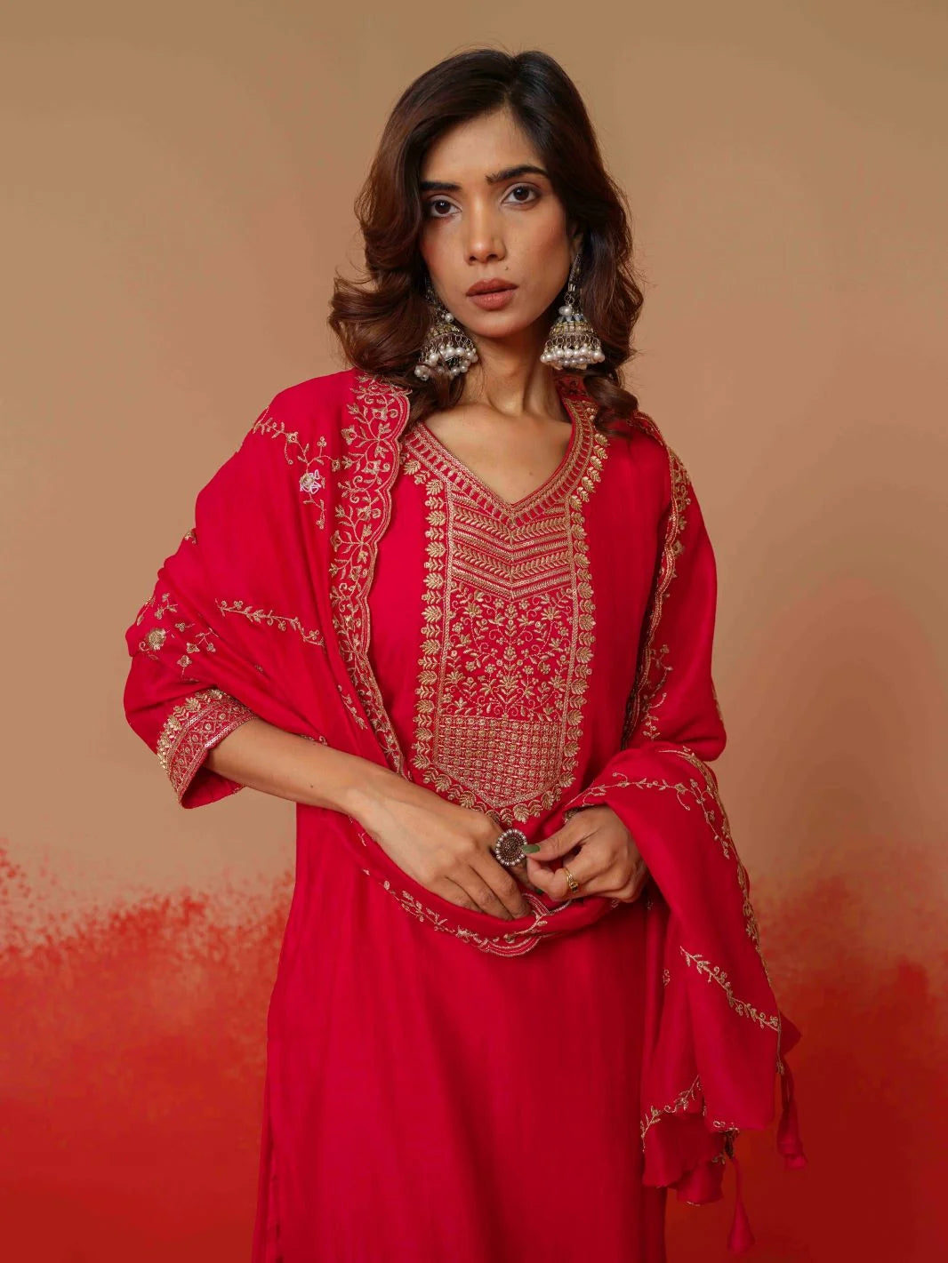 Art Silk Fabric Rani Colour Top Bottom Dupatta Set