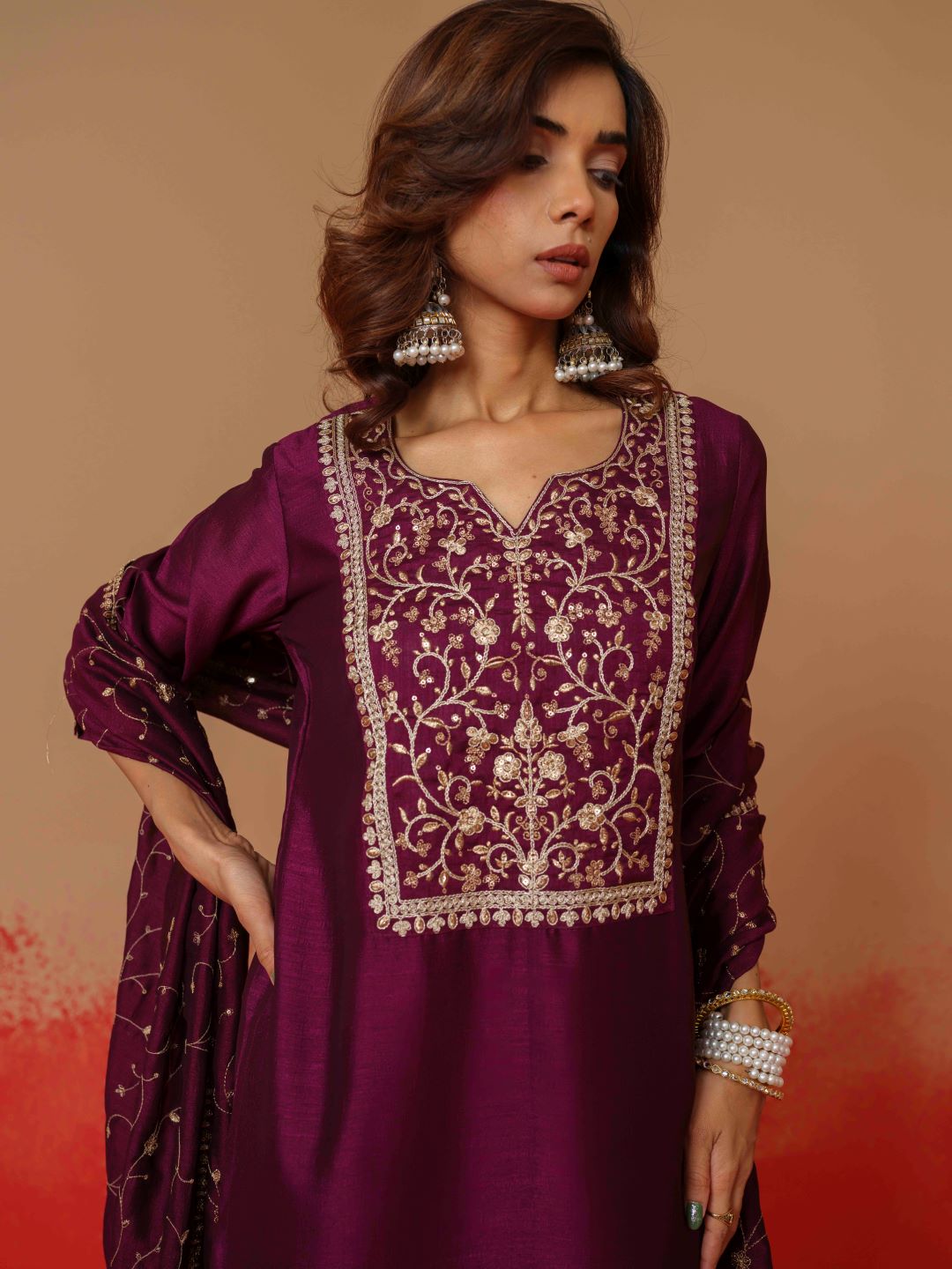 Art Silk Fabric Wine Colour Top Bottom Dupatta Set