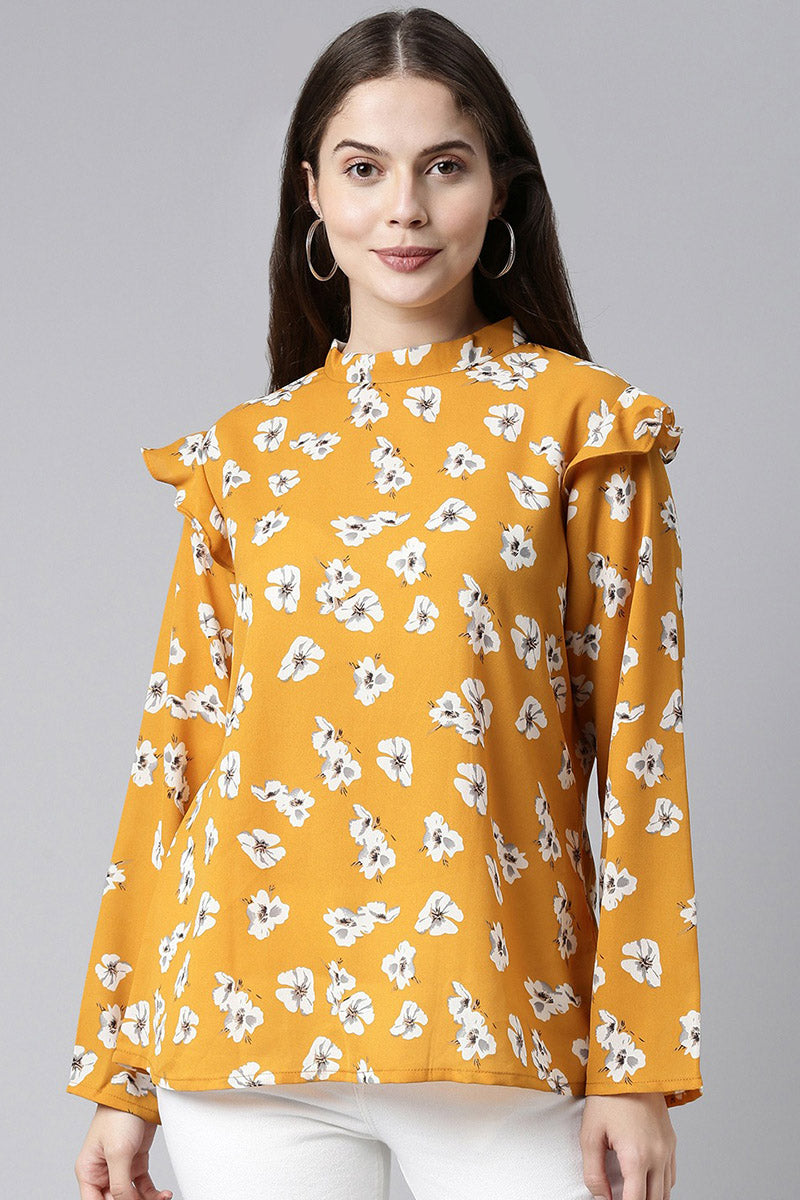 Mustard Georgette Floral Printed Regular Top VT1020 | DesiQlo