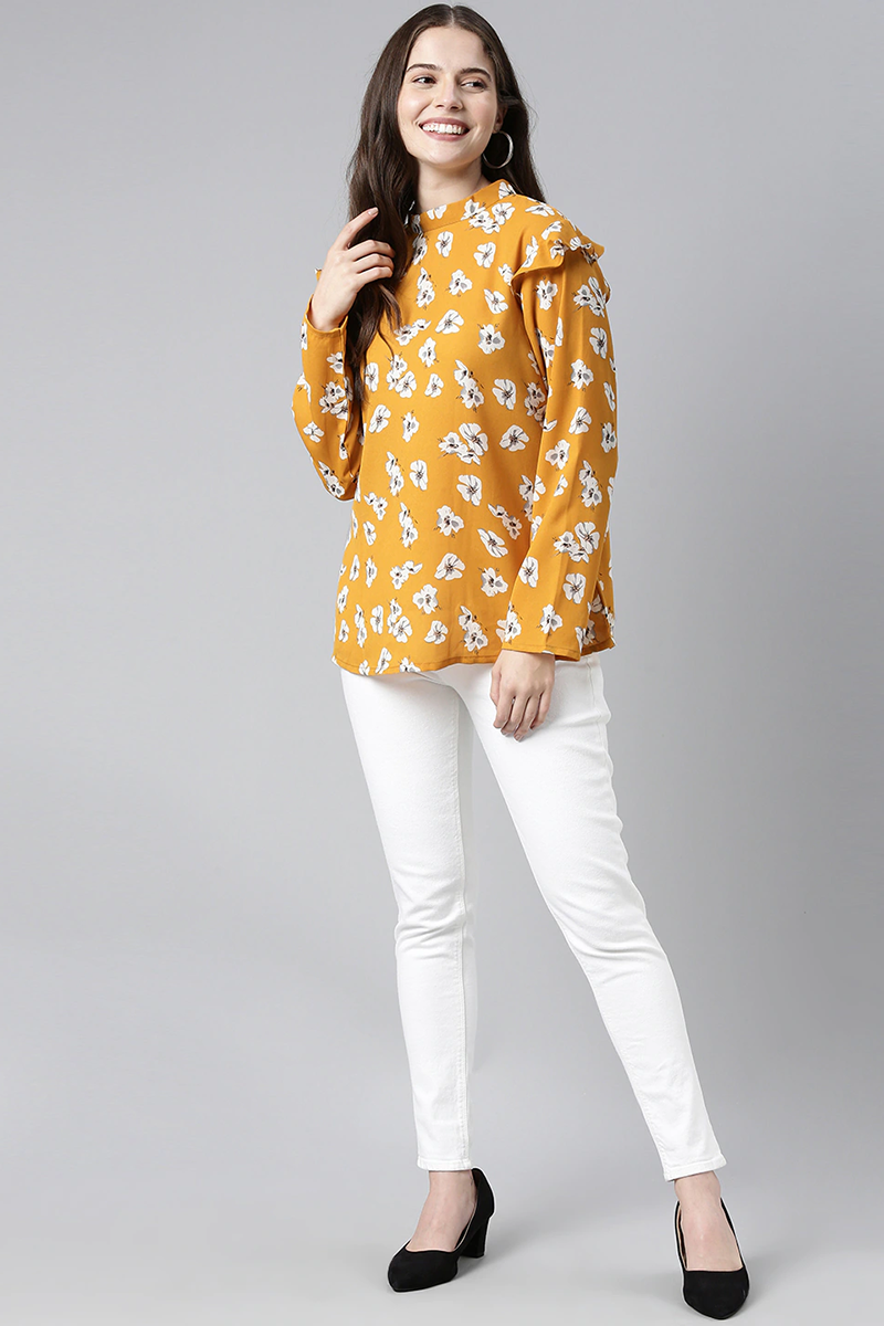 Mustard Georgette Floral Printed Regular Top VT1020 | DesiQlo