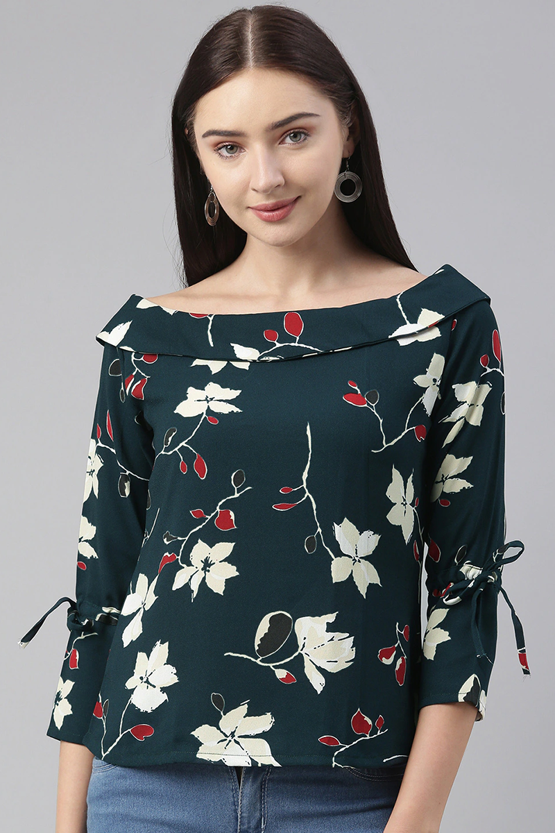 Teal Georgette Floral Printed Regular Top VT1023 | DesiQlo