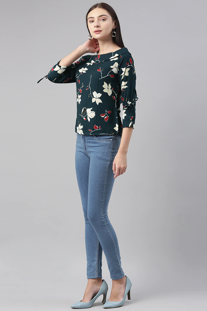 Teal Georgette Floral Printed Regular Top VT1023 | DesiQlo