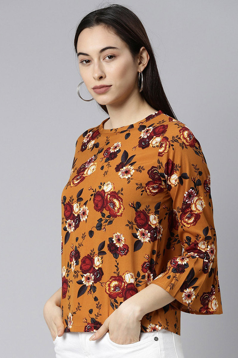 Mustard Georgette Floral Print Regular Top VT1029 | DesiQlo