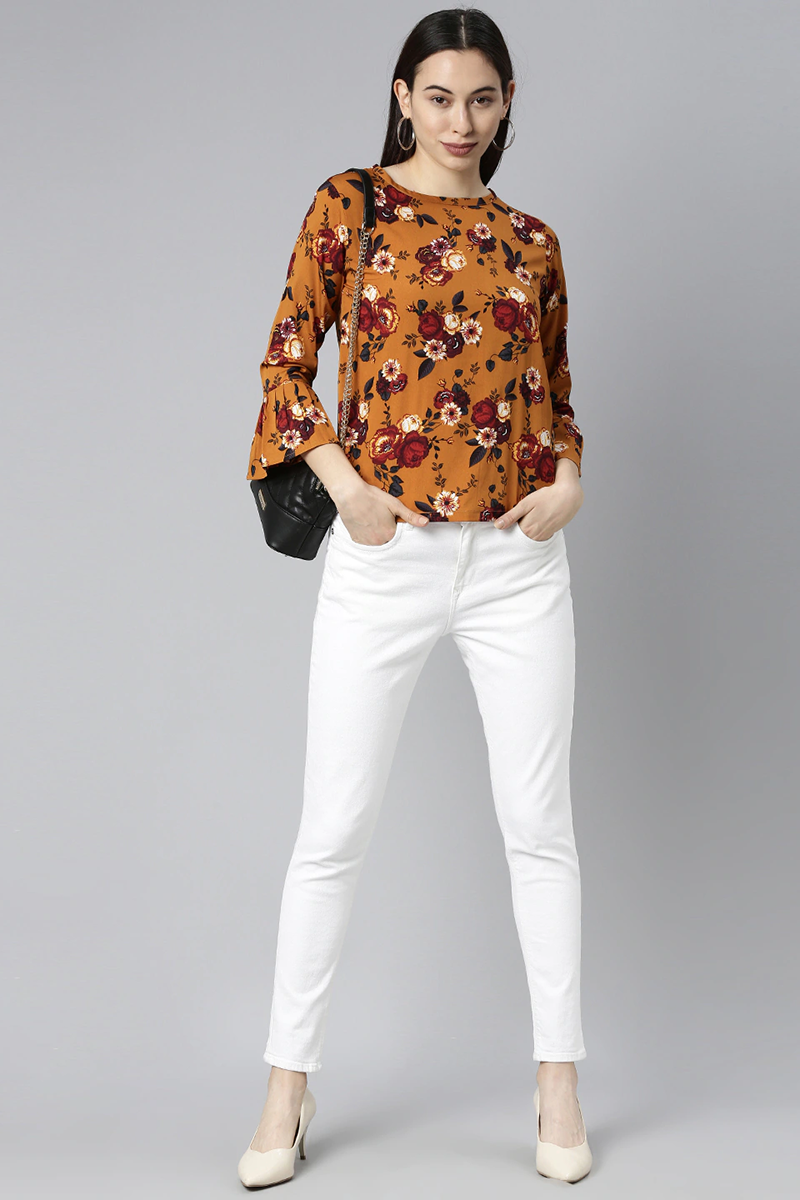 Mustard Georgette Floral Print Regular Top VT1029 | DesiQlo