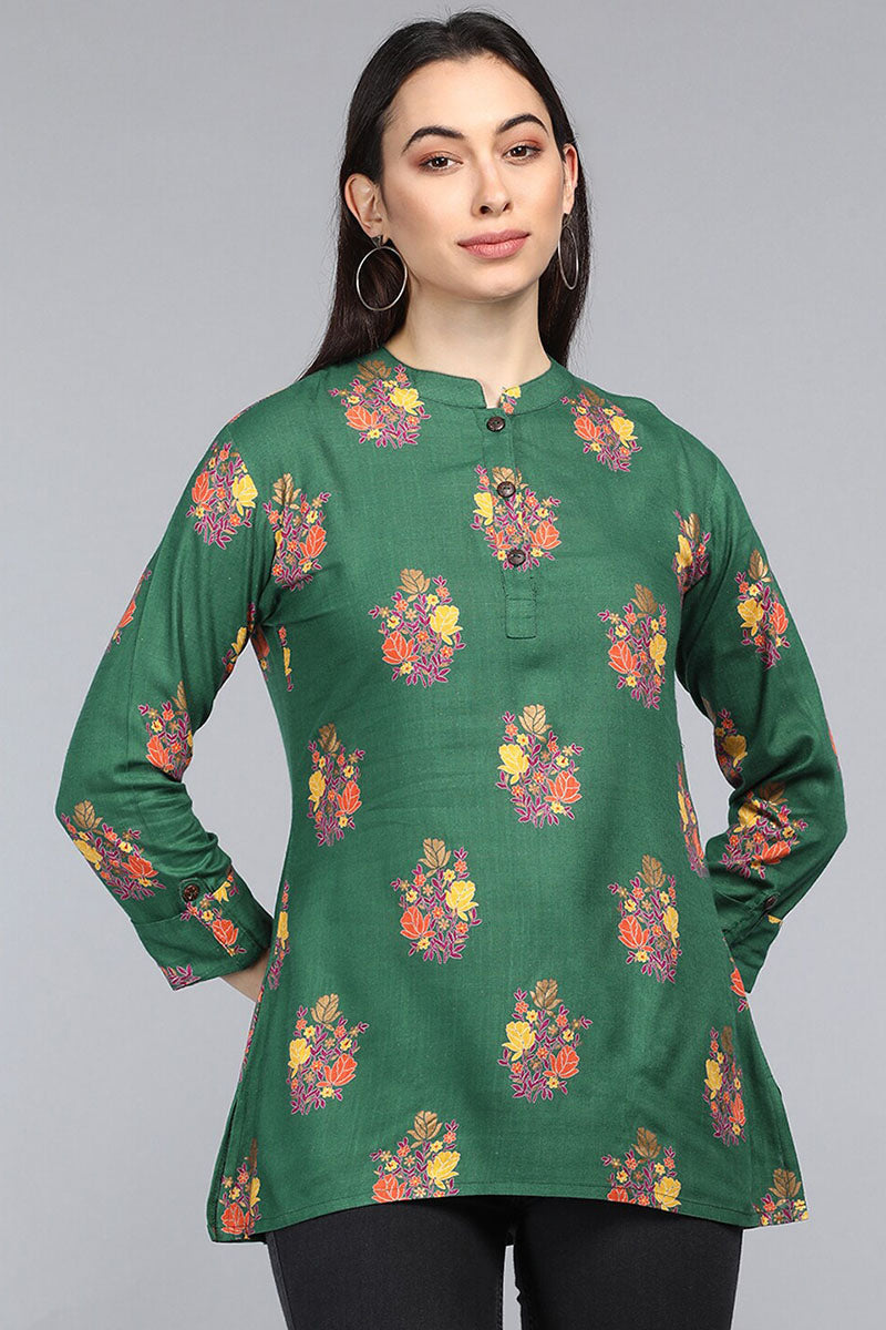 Green Cotton Ethnic Motifs Regular Tunic Top VT1101 | DesiQlo