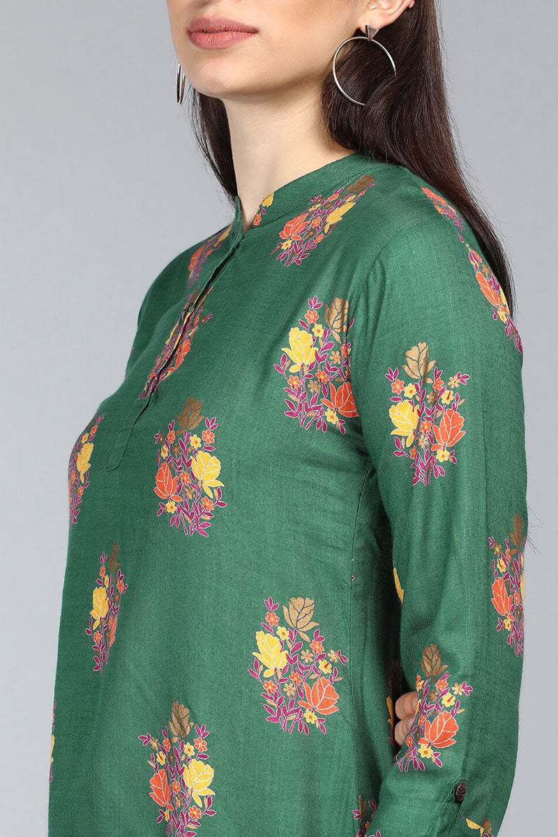 Green Cotton Ethnic Motifs Regular Tunic Top VT1101 | DesiQlo