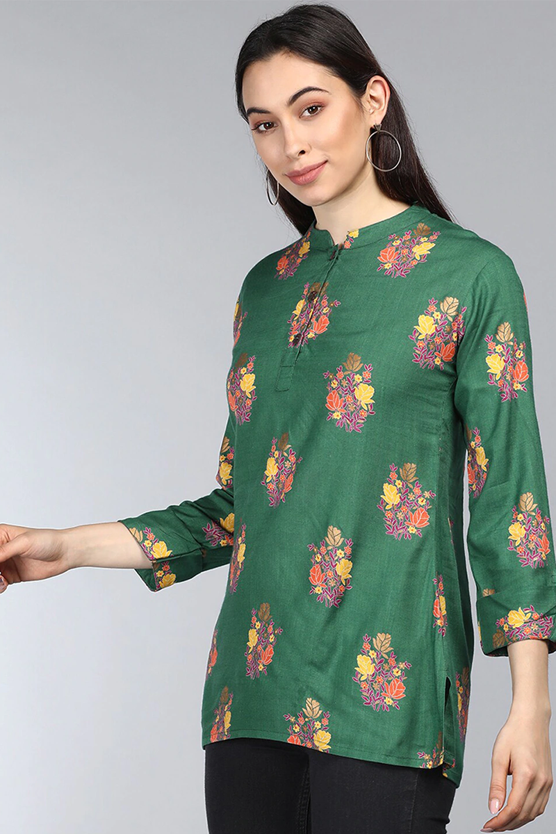 Green Cotton Ethnic Motifs Regular Tunic Top VT1101 | DesiQlo