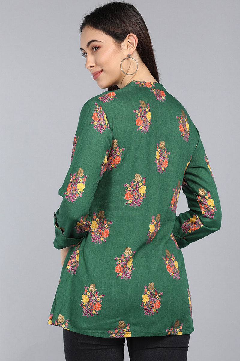 Green Cotton Ethnic Motifs Regular Tunic Top VT1101 | DesiQlo