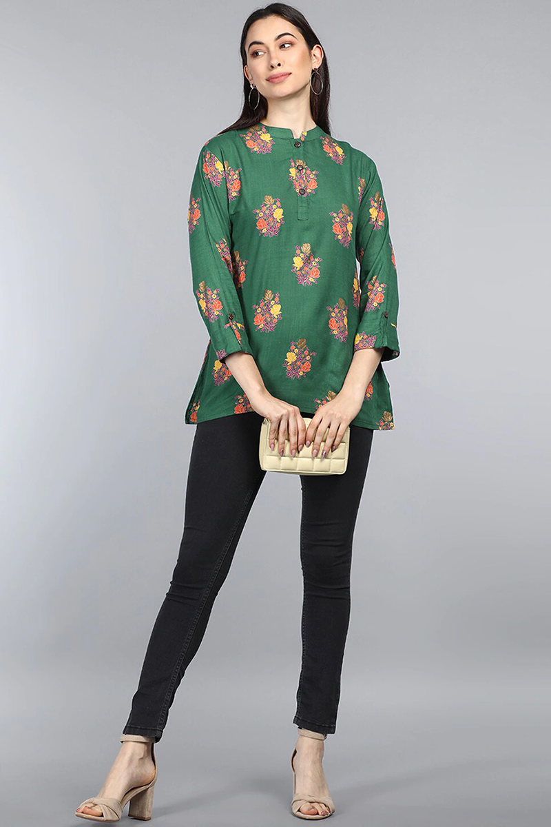 Green Cotton Ethnic Motifs Regular Tunic Top VT1101 | DesiQlo