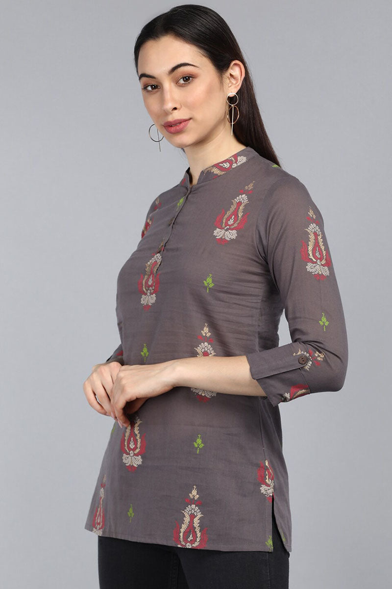 Taupe Cotton Ethnic Motifs Regular Tunic Top VT1102 | DesiQlo