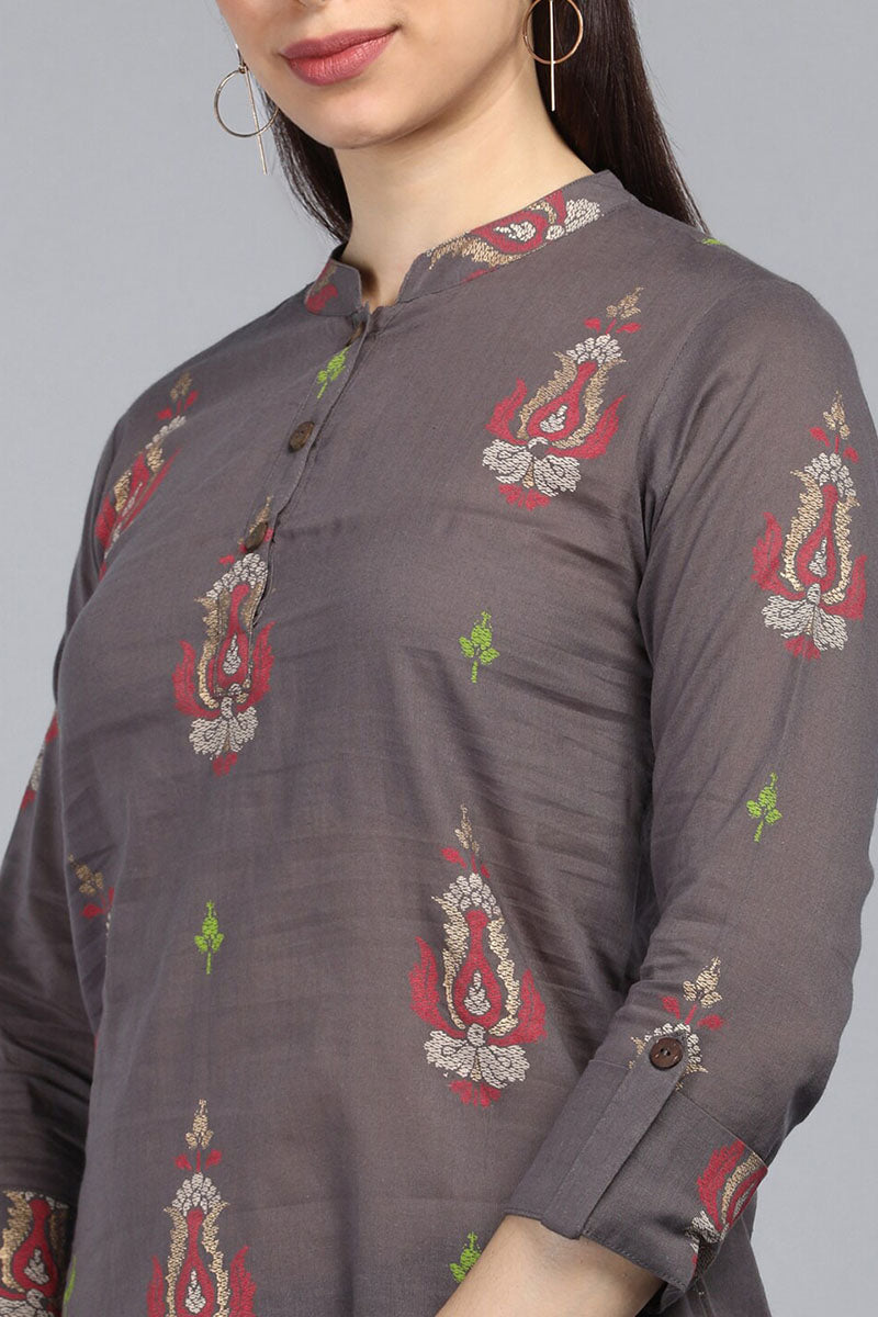 Taupe Cotton Ethnic Motifs Regular Tunic Top VT1102 | DesiQlo