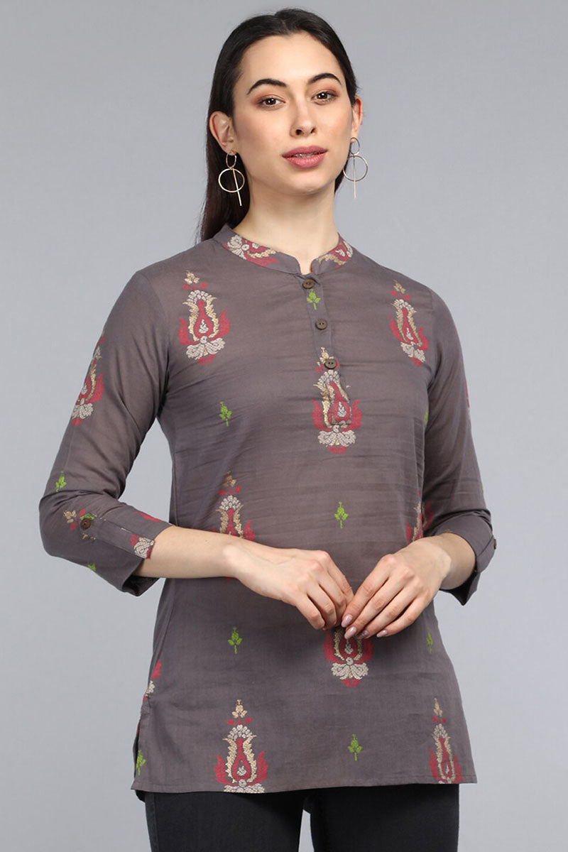Taupe Cotton Ethnic Motifs Regular Tunic Top VT1102 | DesiQlo