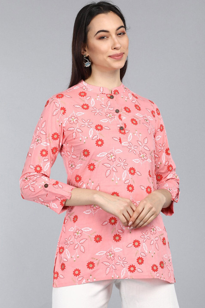 Pink Cotton Floral Print Regular Tunic Top VT1103 | DesiQlo
