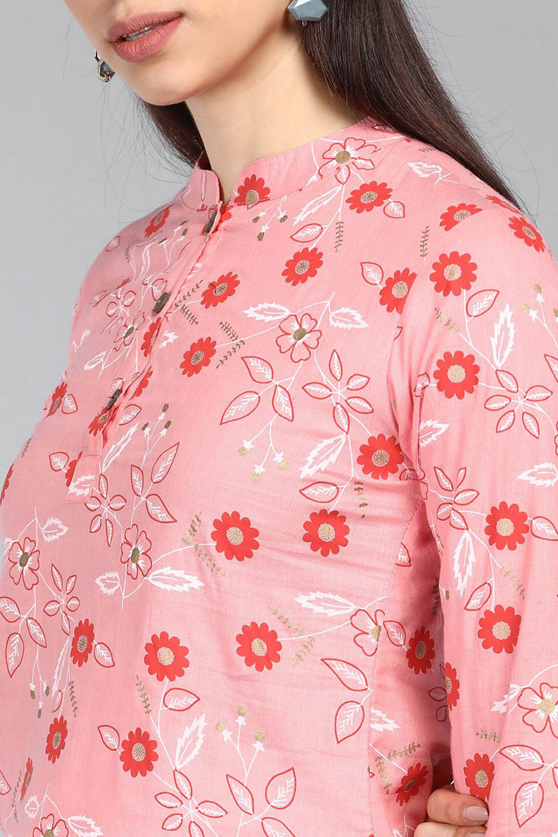 Pink Cotton Floral Print Regular Tunic Top VT1103 | DesiQlo