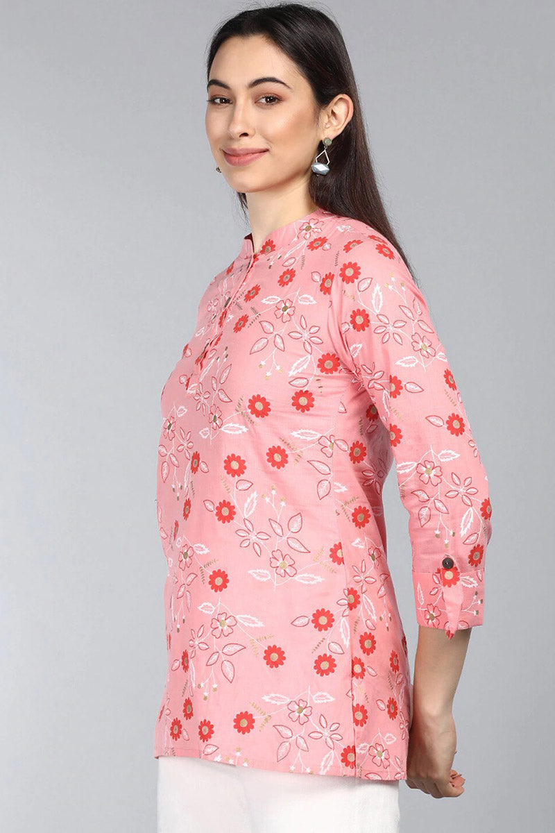 Pink Cotton Floral Print Regular Tunic Top VT1103 | DesiQlo