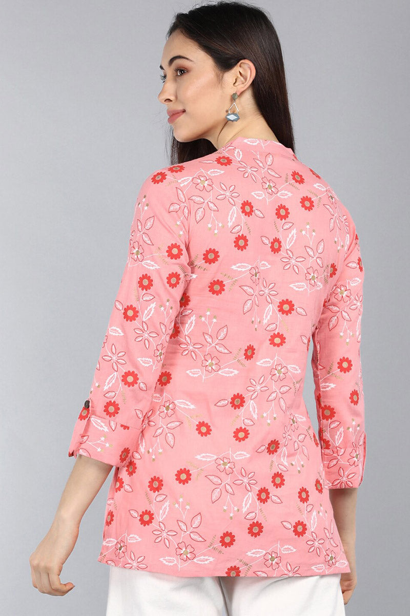 Pink Cotton Floral Print Regular Tunic Top VT1103 | DesiQlo
