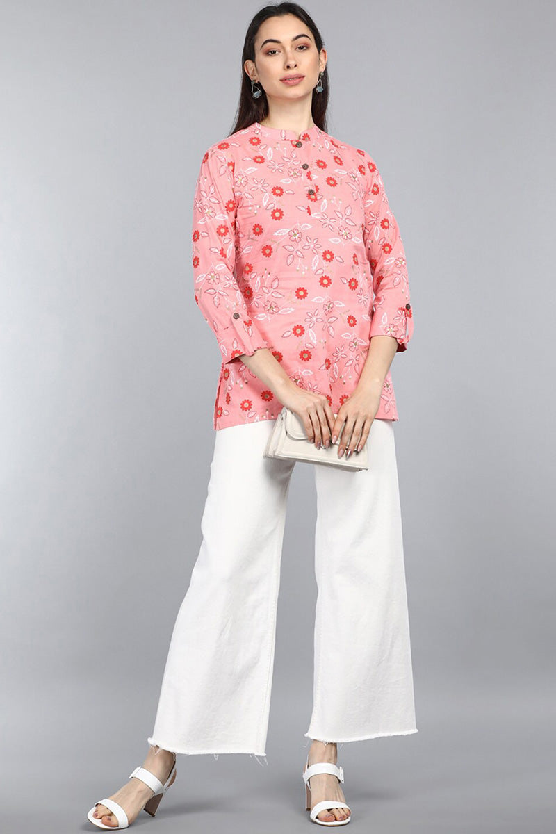 Pink Cotton Floral Print Regular Tunic Top VT1103 | DesiQlo