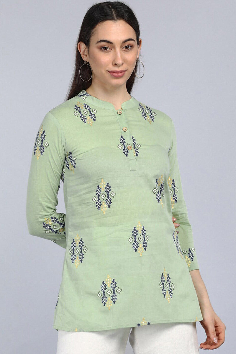  Green Print Mandarin Collar Longline Top