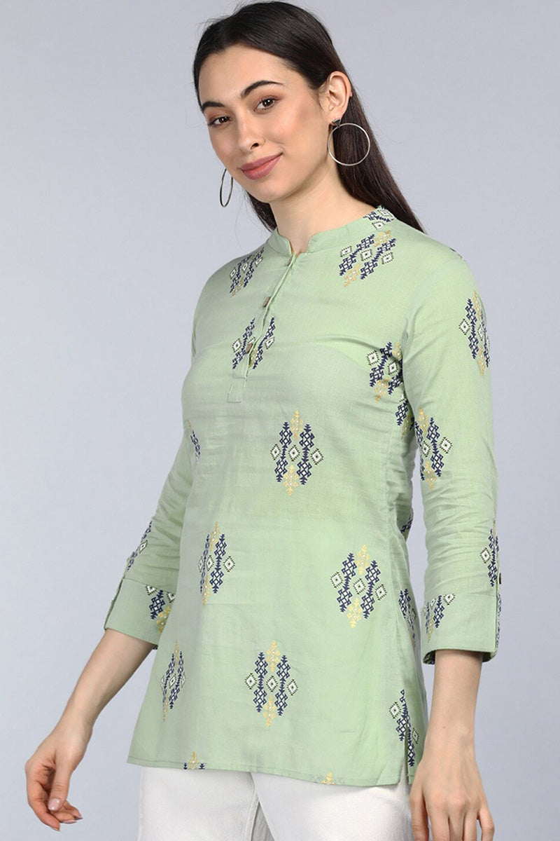 Green Print Mandarin Collar Longline Top VT1107
