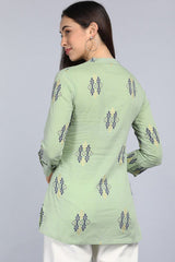  Green Print Mandarin Collar Longline Top