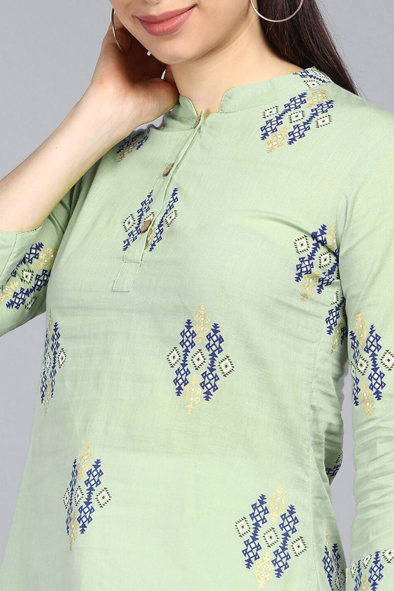 Green Print Mandarin Collar Longline Top VT1107