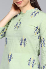  Green Print Mandarin Collar Longline Top