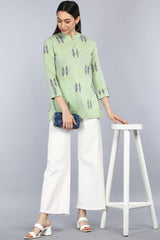  Green Print Mandarin Collar Longline Top