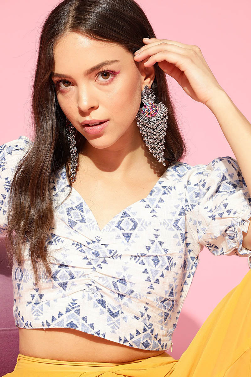 Off White Cotton Ethnic Motifs Crop Top VT1158 | DesiQlo